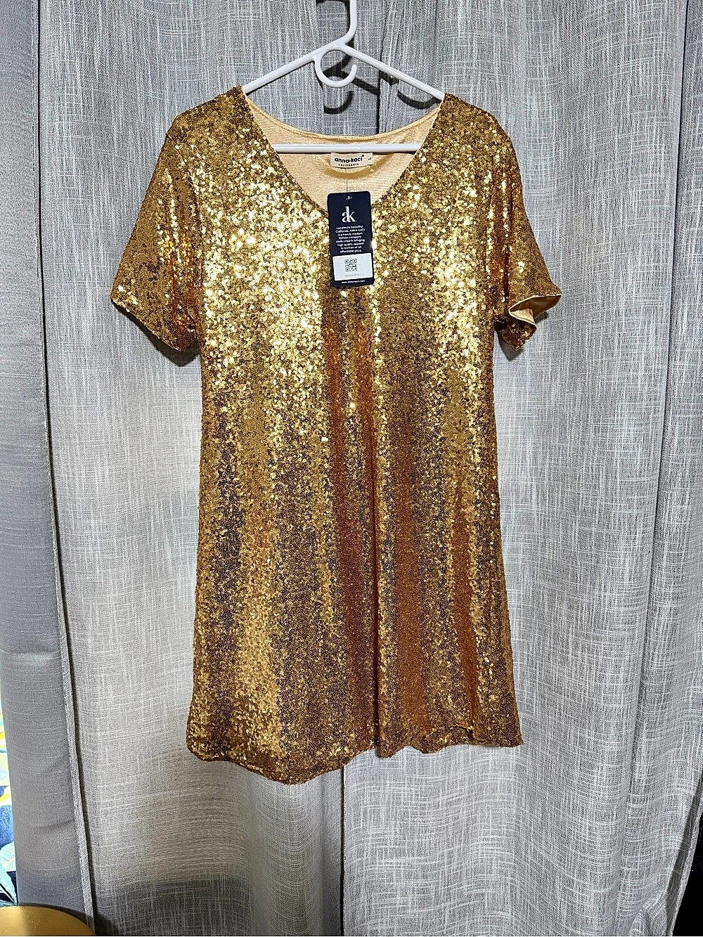Anna-Kaci Women's Short Sleeve V-Neck Sequin Shift T-Shirt Mini Dress Gold Large
